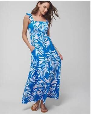 SOMA Soft Jersey Smocked Flutter Sleeve Maxi Bra Dress Pacifico Palms Large NEW
